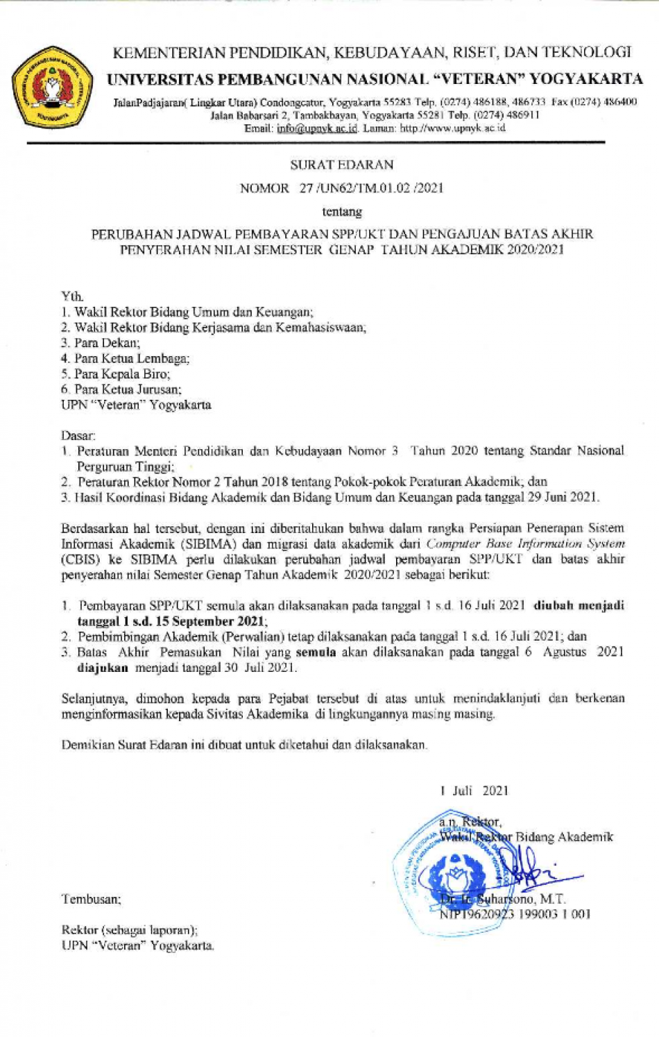 Perubahan Jadwal Pembayaran UKT dan Pengajuan Batas Akhir Penyerahan Nilai Semester Genap TA 2020/2021