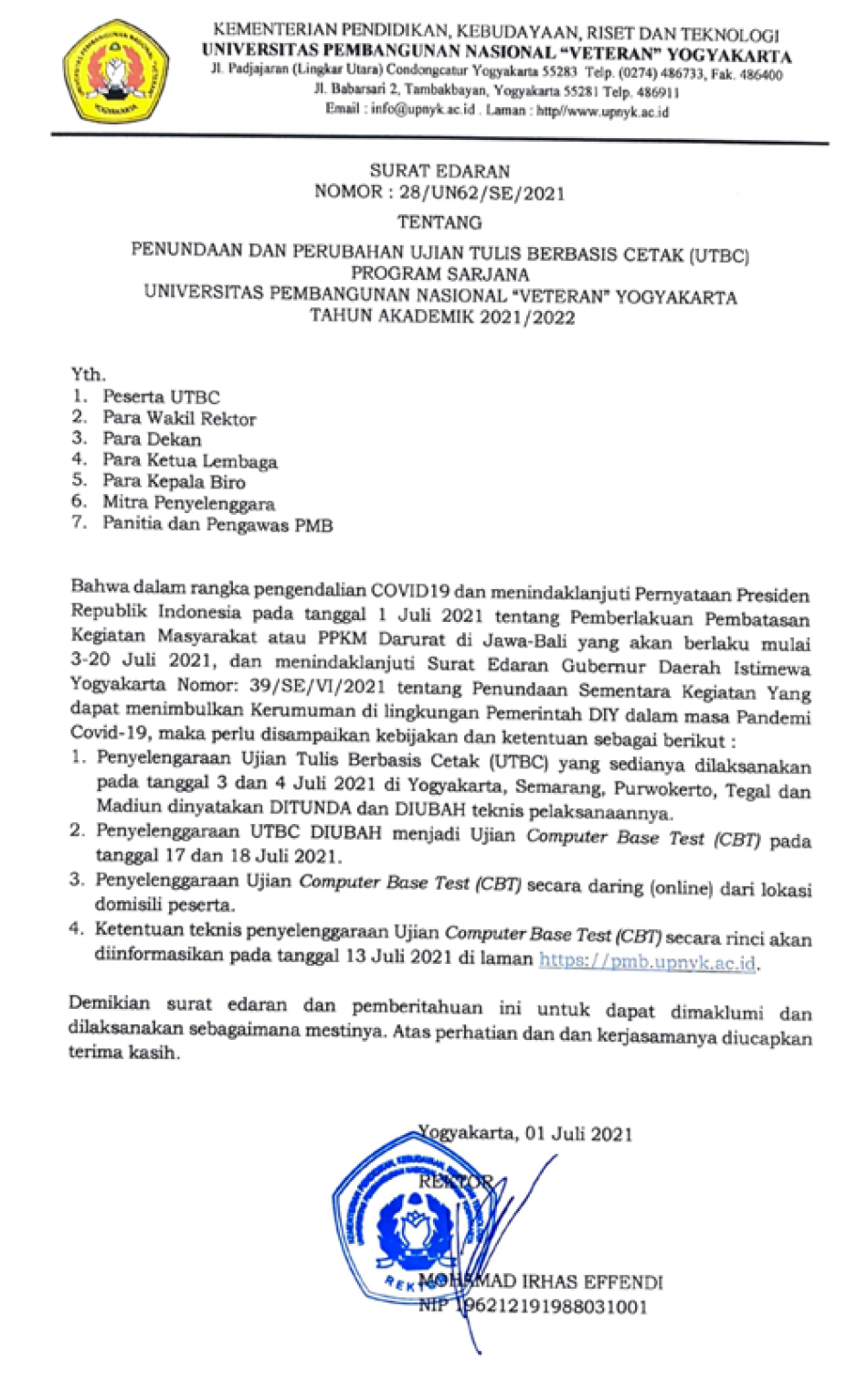 Surat Edaran Penundaan UTBC Program Sarjana UPN "Veteran" Yogyakarta