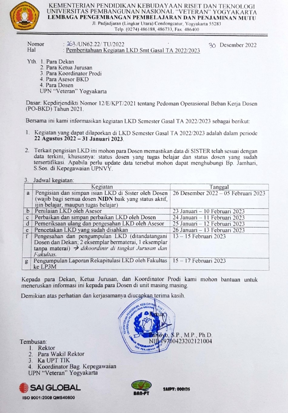 Pemberitahuan Kegiatan LKD  Semester Gasal TA 2022/2023
