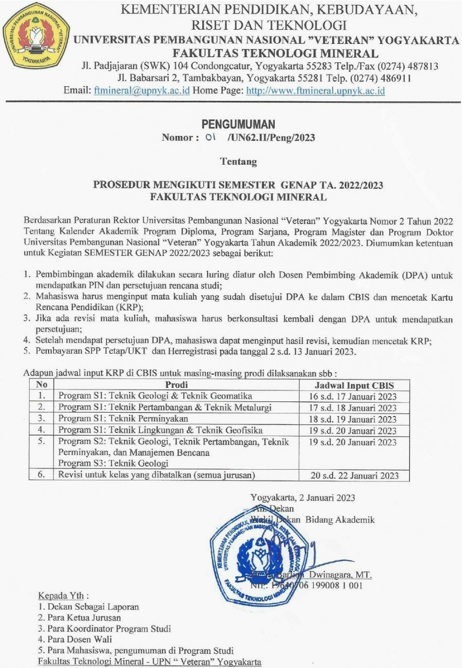 Prosedur Mengikuti Semester Genap TA 2022/2023 (Jadwal Input KRP Di CBIS) 