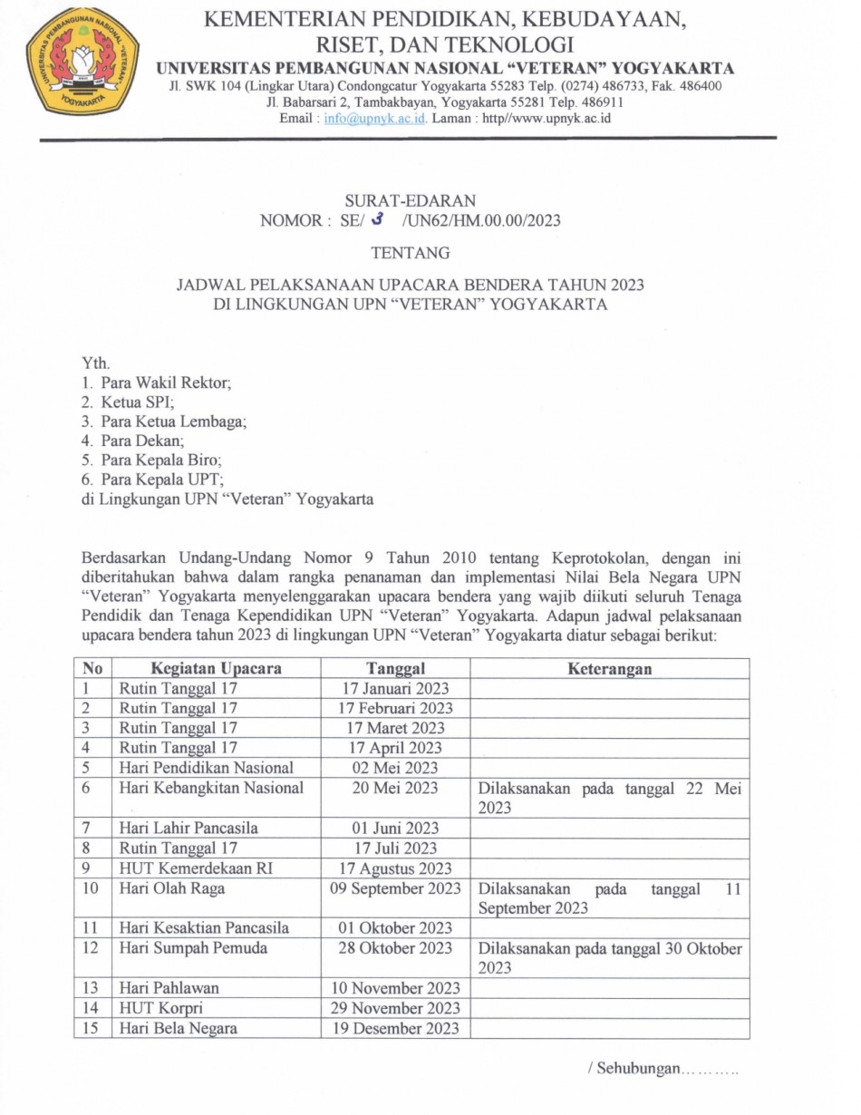 Jadwal Pelaksanaan Upacara Bendera Tahun 2023