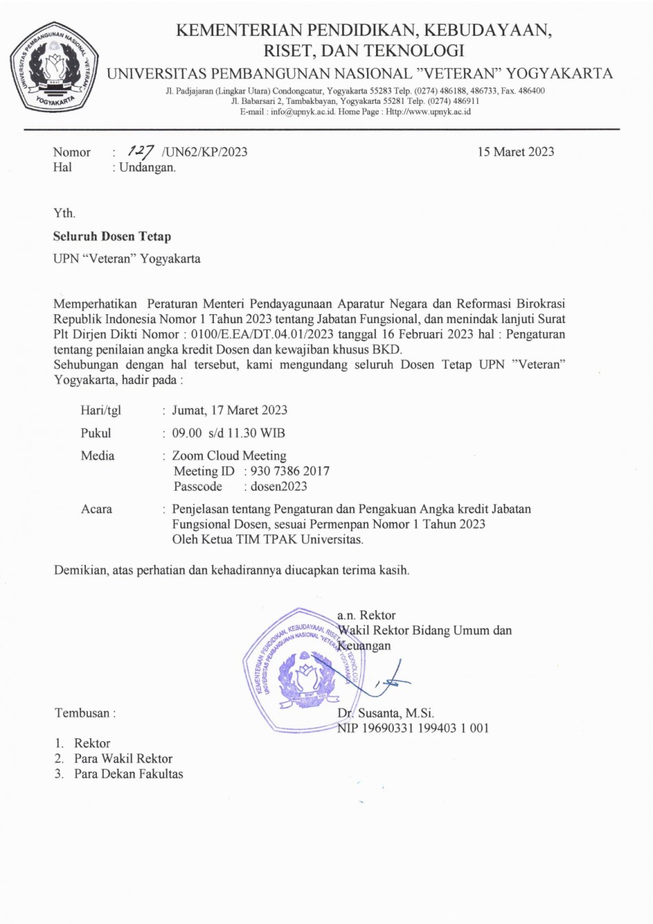 Undangan Zoom Meeting Tentang Pengaturan Dan Pengakuan Angka Kredit Jabatan Fungsional Dosen